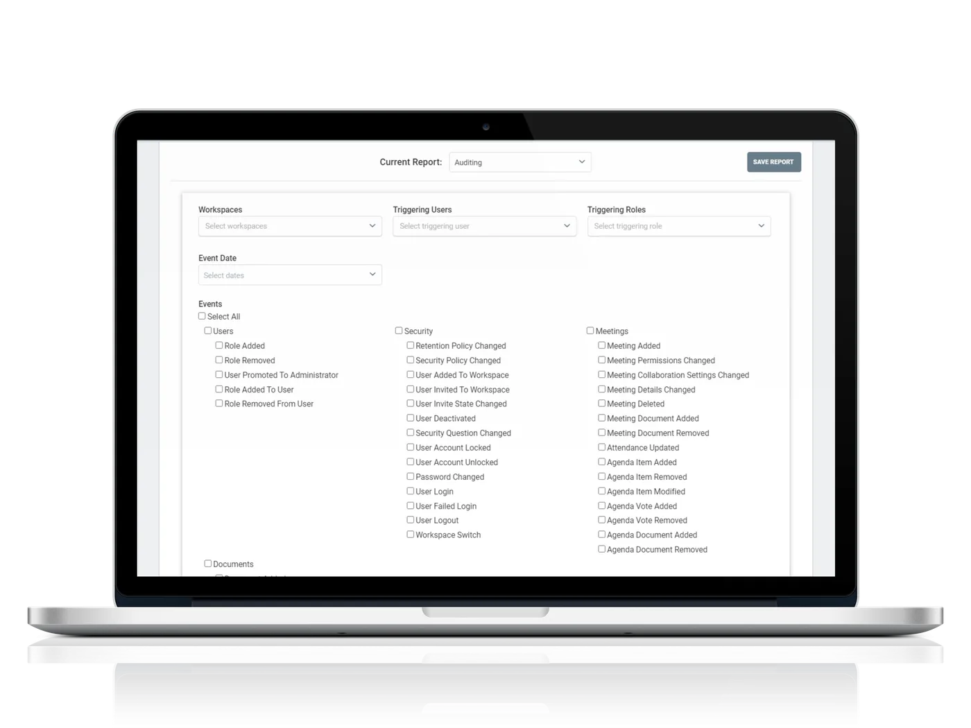 The Cloud Concinnity audit report builder, with selectable event types across users, security, meetings and documents.
